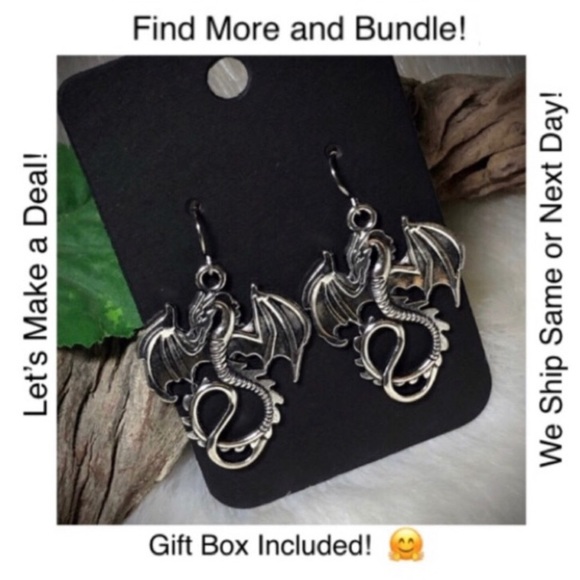 Dragon Earrings Silver Tone Metal Pierced - Picture 2 of 4